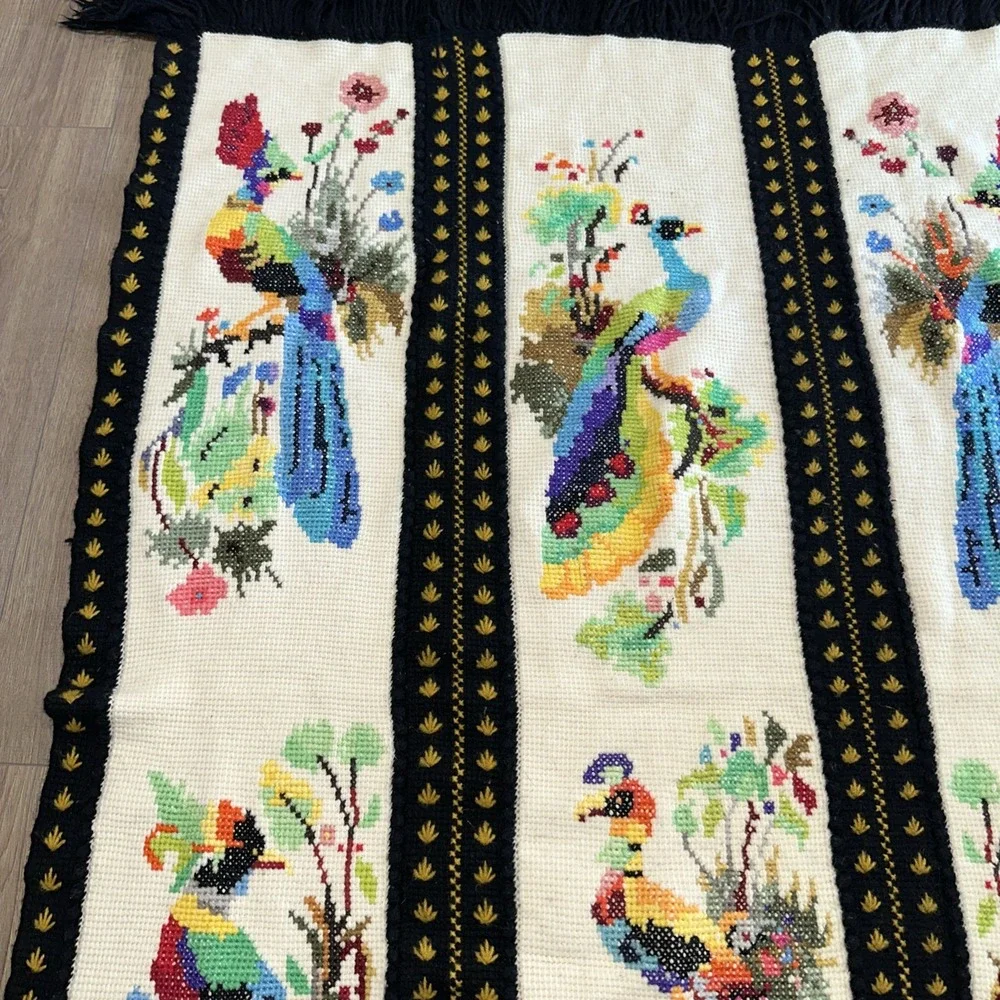 Vintage Peacock Bird Handmade Needlepoint Throw‎ Blanket 46 X 72. EUC